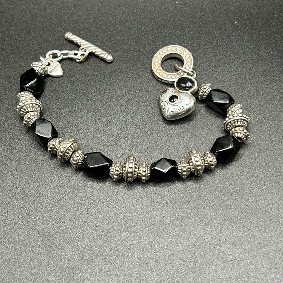 Brighton silver tone and black breaded bracelet #K14 toggle clasp heart charm - Picture 5 of 6